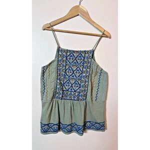 Lucky Brand Top Womens Small Green Embroidered Peplum Cami Tank Boho Strap 90s S